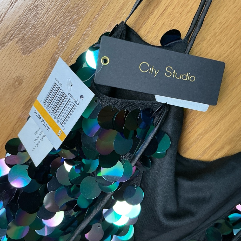 City Studio Juniors Sequin Paillette Mini Dress Iridescent Blue and Green SM New - Picture 10 of 12